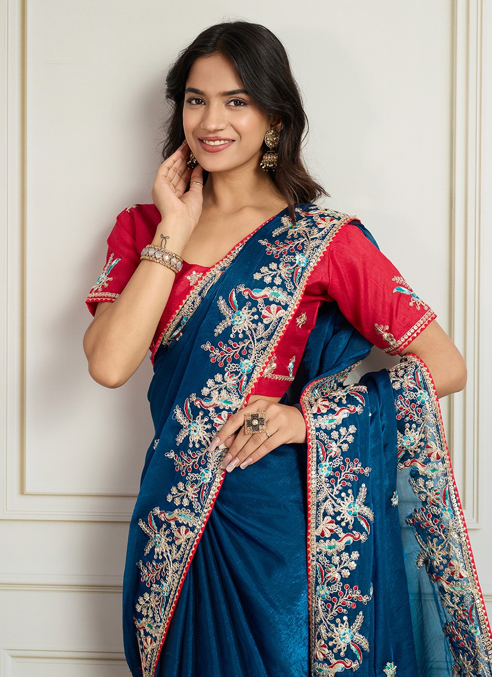 Blue Chiffon Contemporary Saree Embroidered S19118