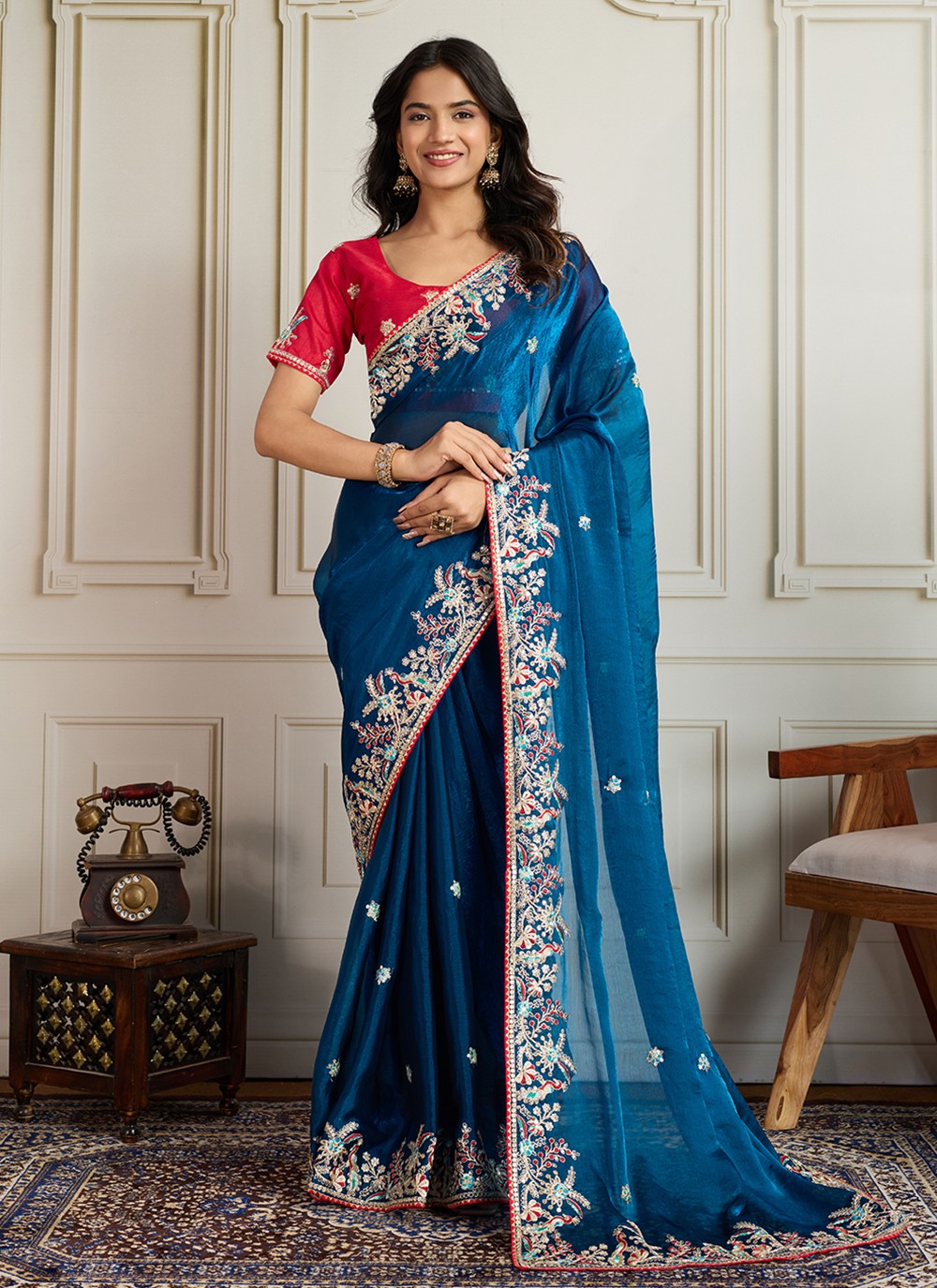 Blue Chiffon Contemporary Saree Embroidered S19118