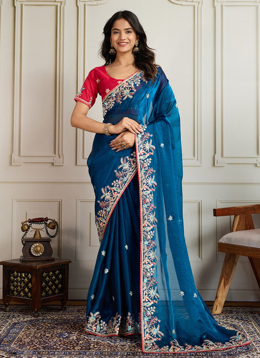 Blue Chiffon Contemporary Saree Embroidered S19118