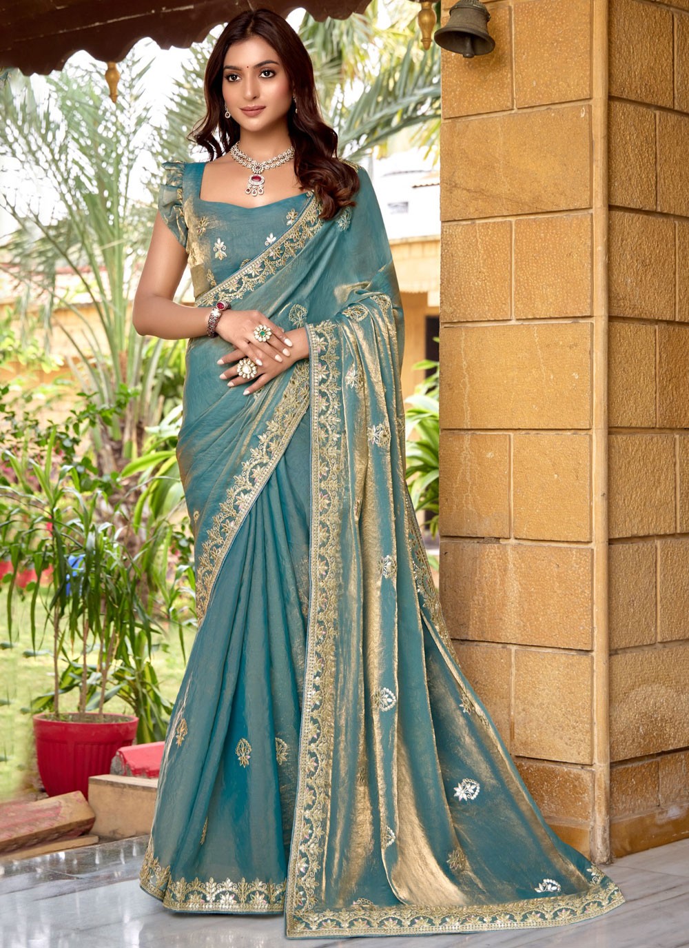 Designer Embroidered Blue Chiffon Saree S13446