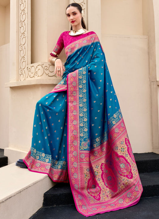 Weaving Zari Banarasi Silk Blue Saree S14667