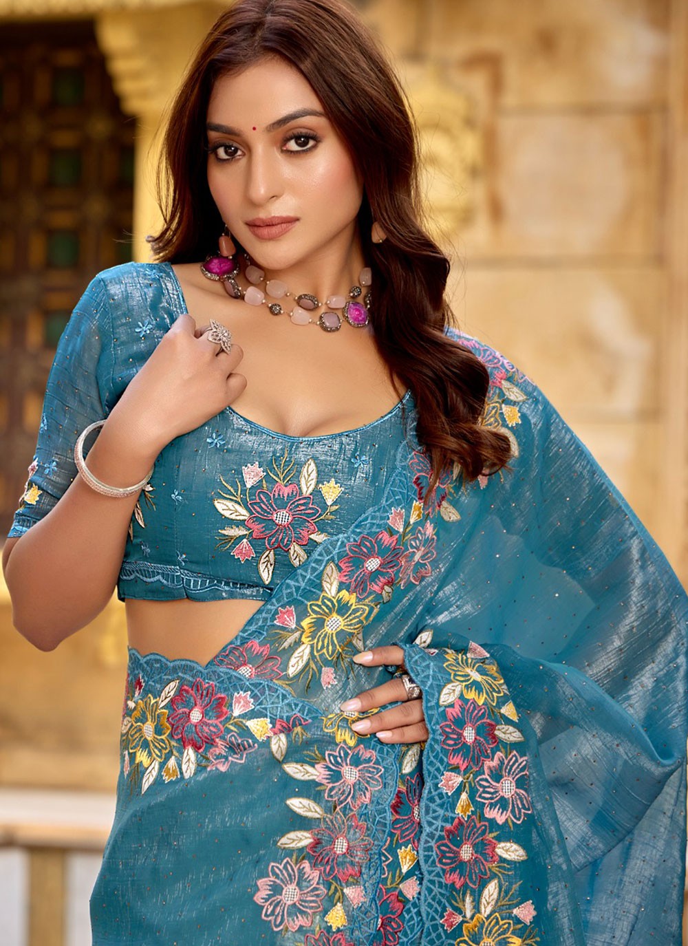 Classic Saree Embroidered Blue Chiffon Saree S13436