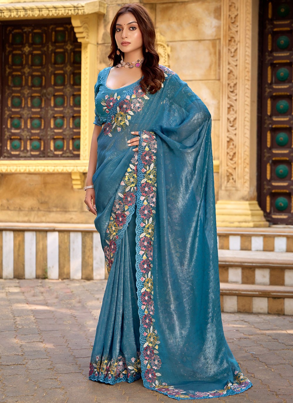 Classic Saree Embroidered Blue Chiffon Saree S13436