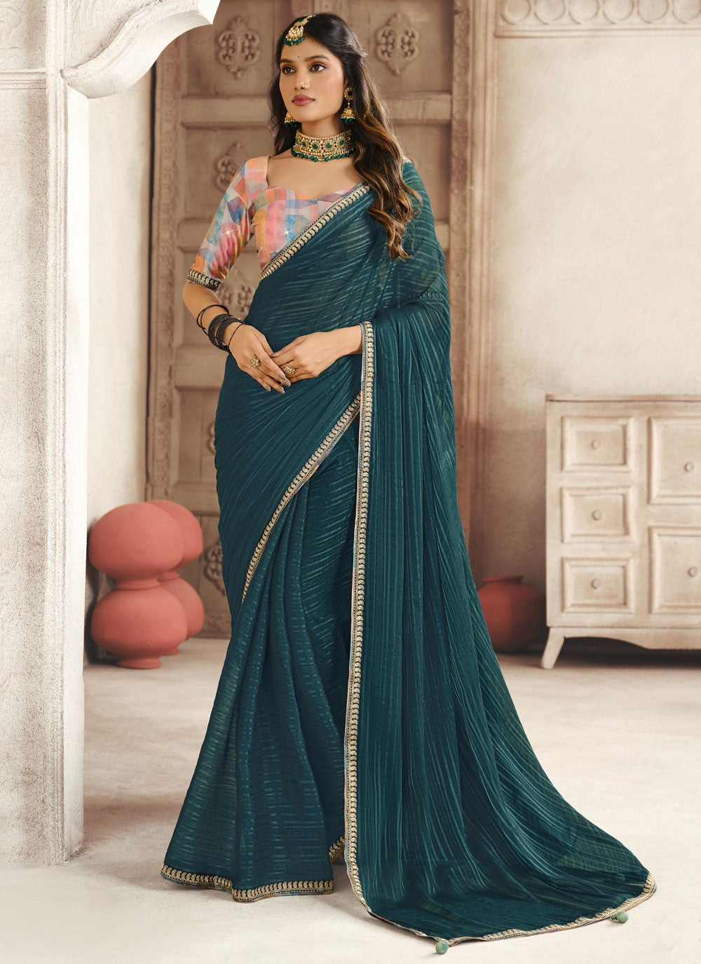 Contemporary Border Work Blue Silk Saree S13206
