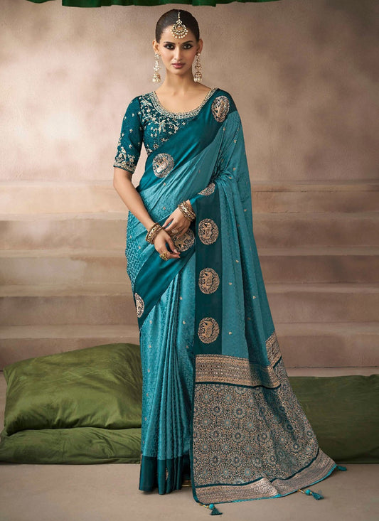 Blue Satin Silk Designer Saree Weaving Zari, Zari S19205