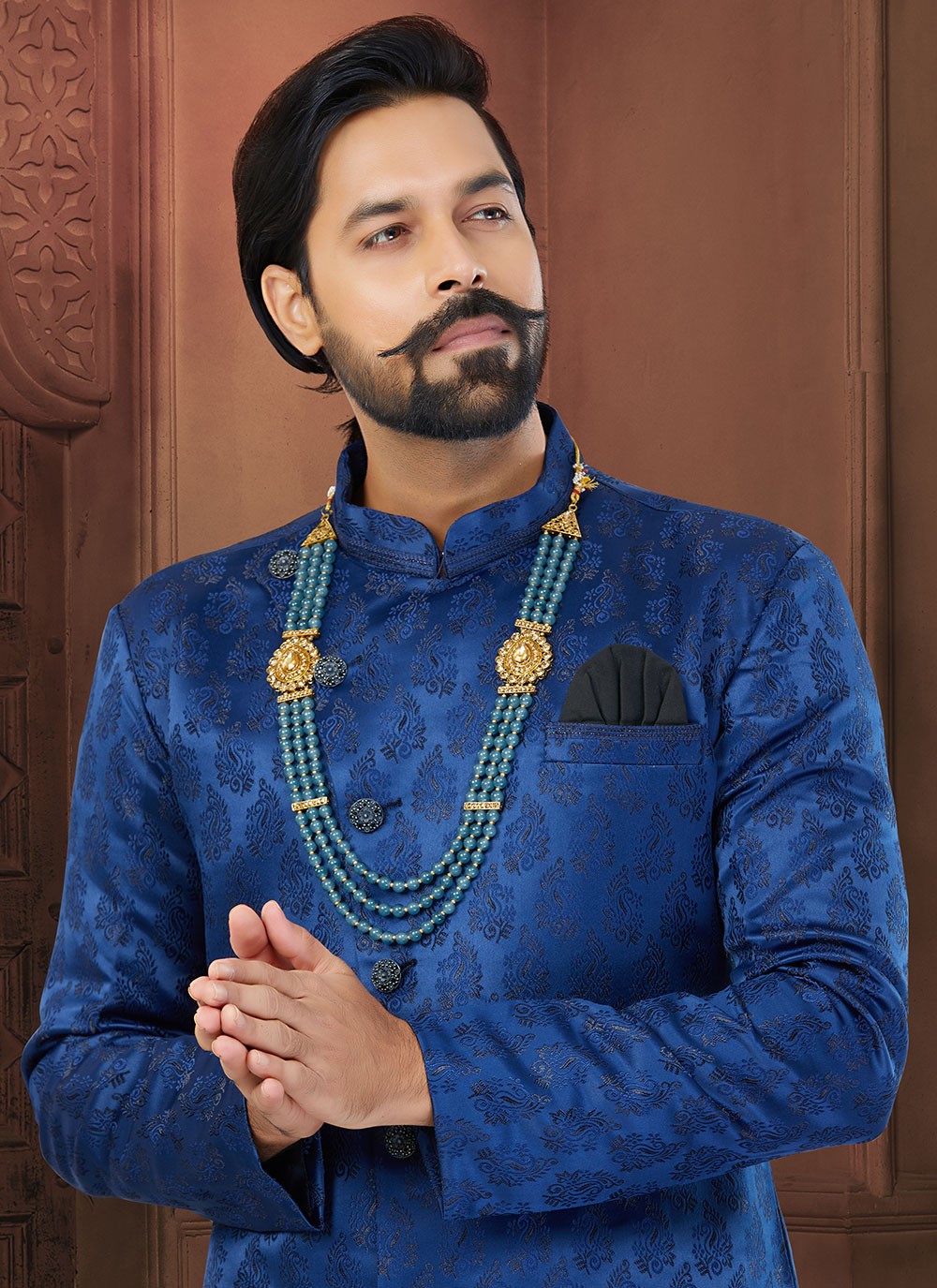 Fancy Work Jacquard Blue Indo Western Sherwani - M5793