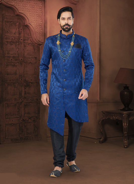 Fancy Work Jacquard Blue Indo Western Sherwani - M5793