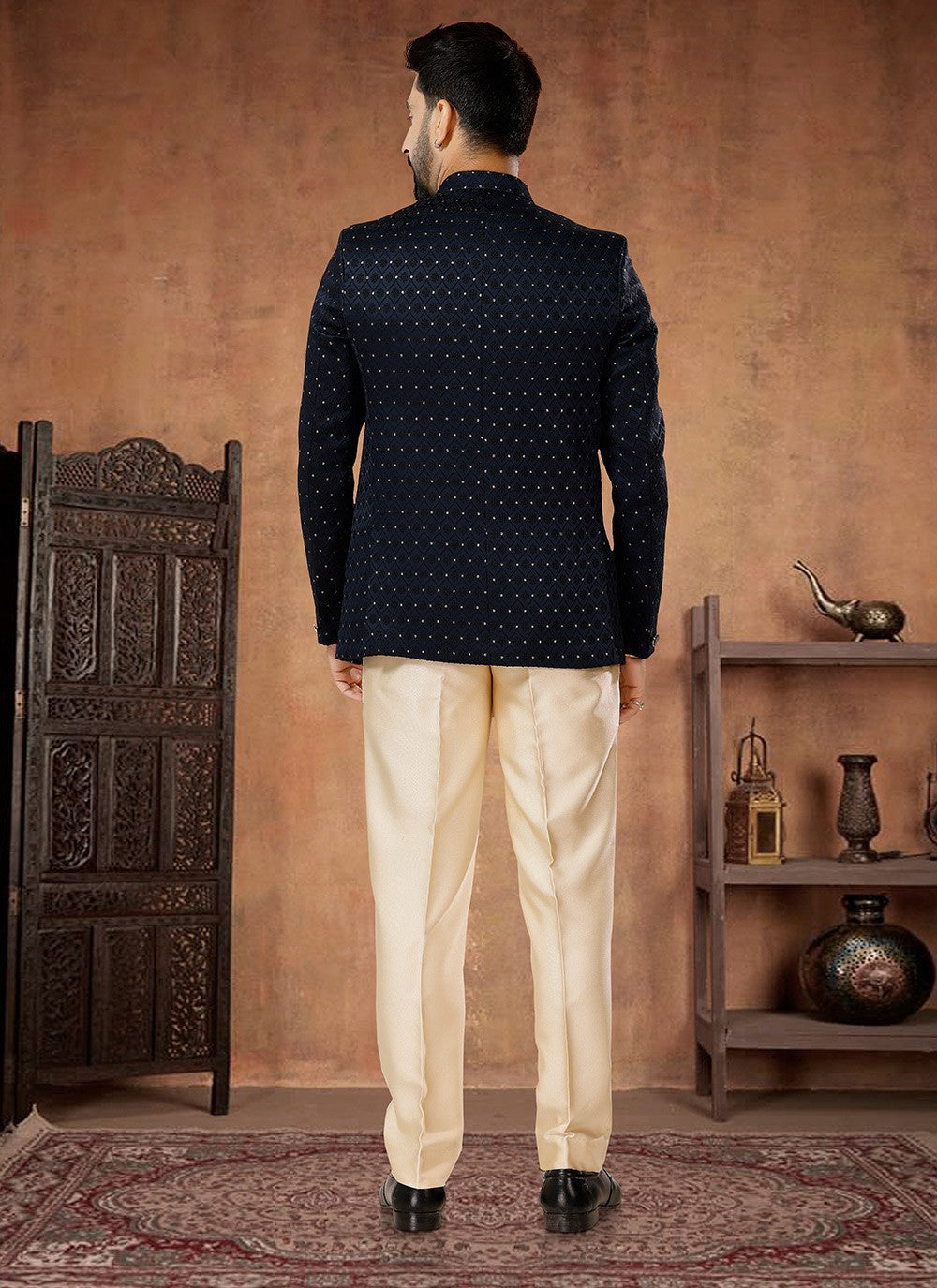 Fancy Work Jacquard Blue Jodhpuri Suit - M7066