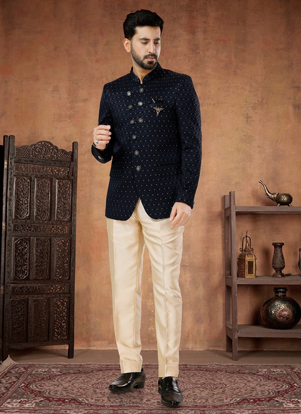 Fancy Work Jacquard Blue Jodhpuri Suit - M7066