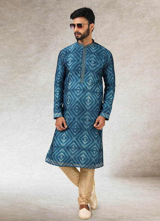 Printed Art Silk Blue Kurta Pyjama - M2847