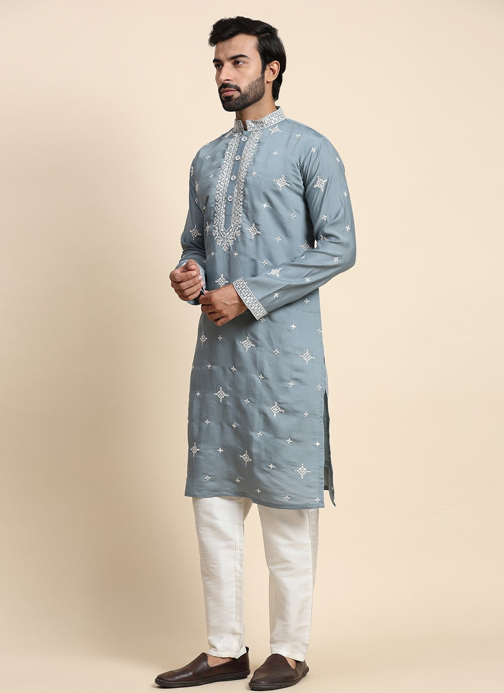 Embroidered Silk Blue Kurta Pyjama - M8445
