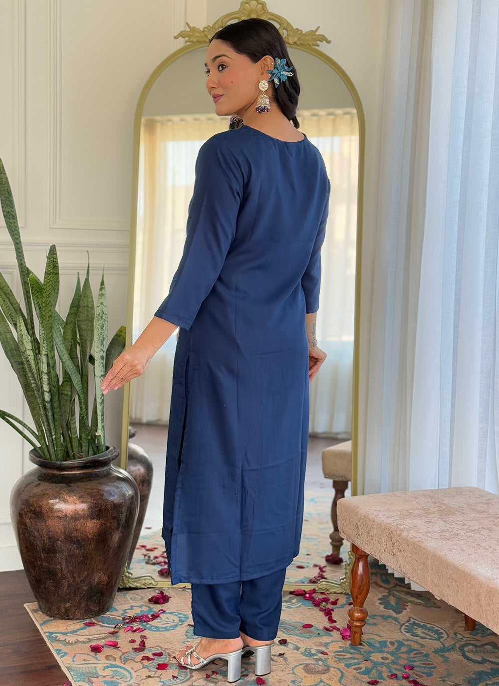 Pant Style Suit Embroidered Blue Viscose T5812