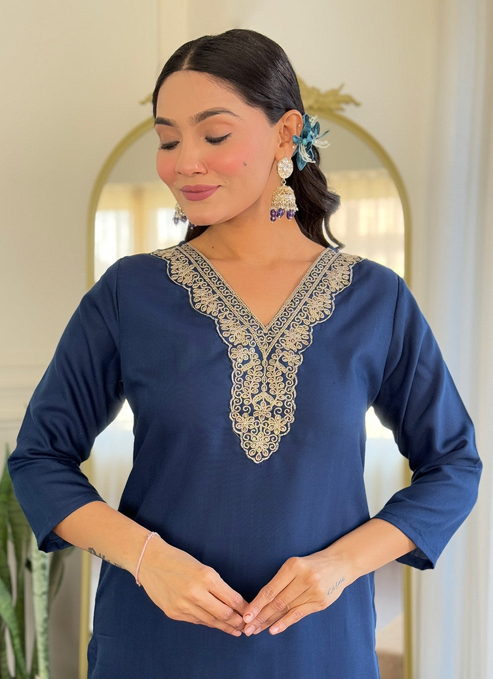 Pant Style Suit Embroidered Blue Viscose T5812