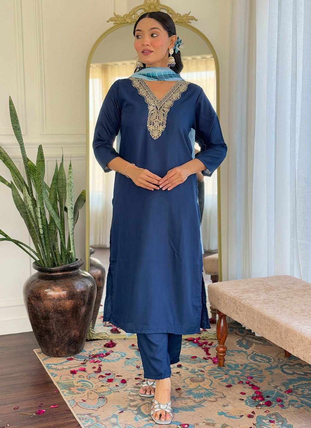 Pant Style Suit Embroidered Blue Viscose T5812
