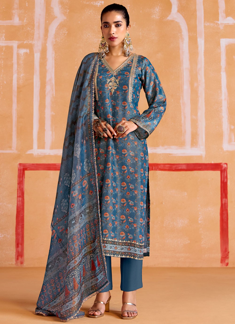 Salwar Suit Digital Print Blue Muslin T5171