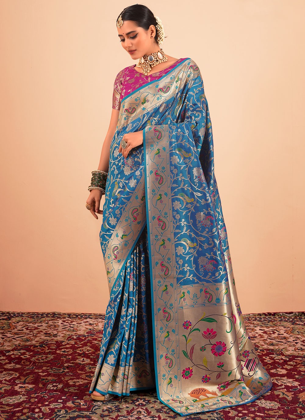 Contemporary Border Work Blue Paithni Saree S13311