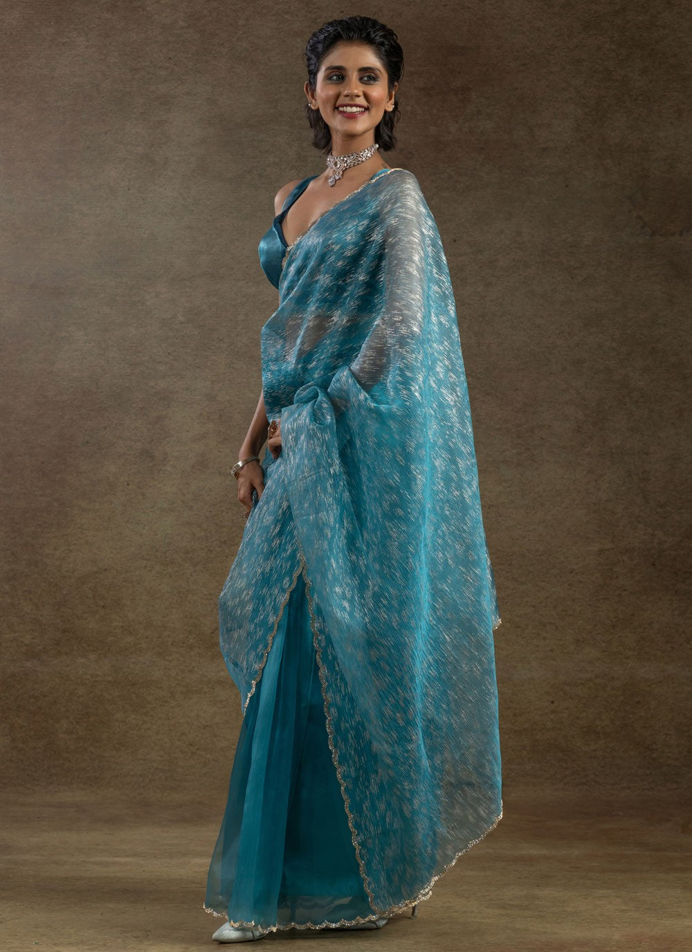 Cut Work Crush Blue Trendy Saree S15577