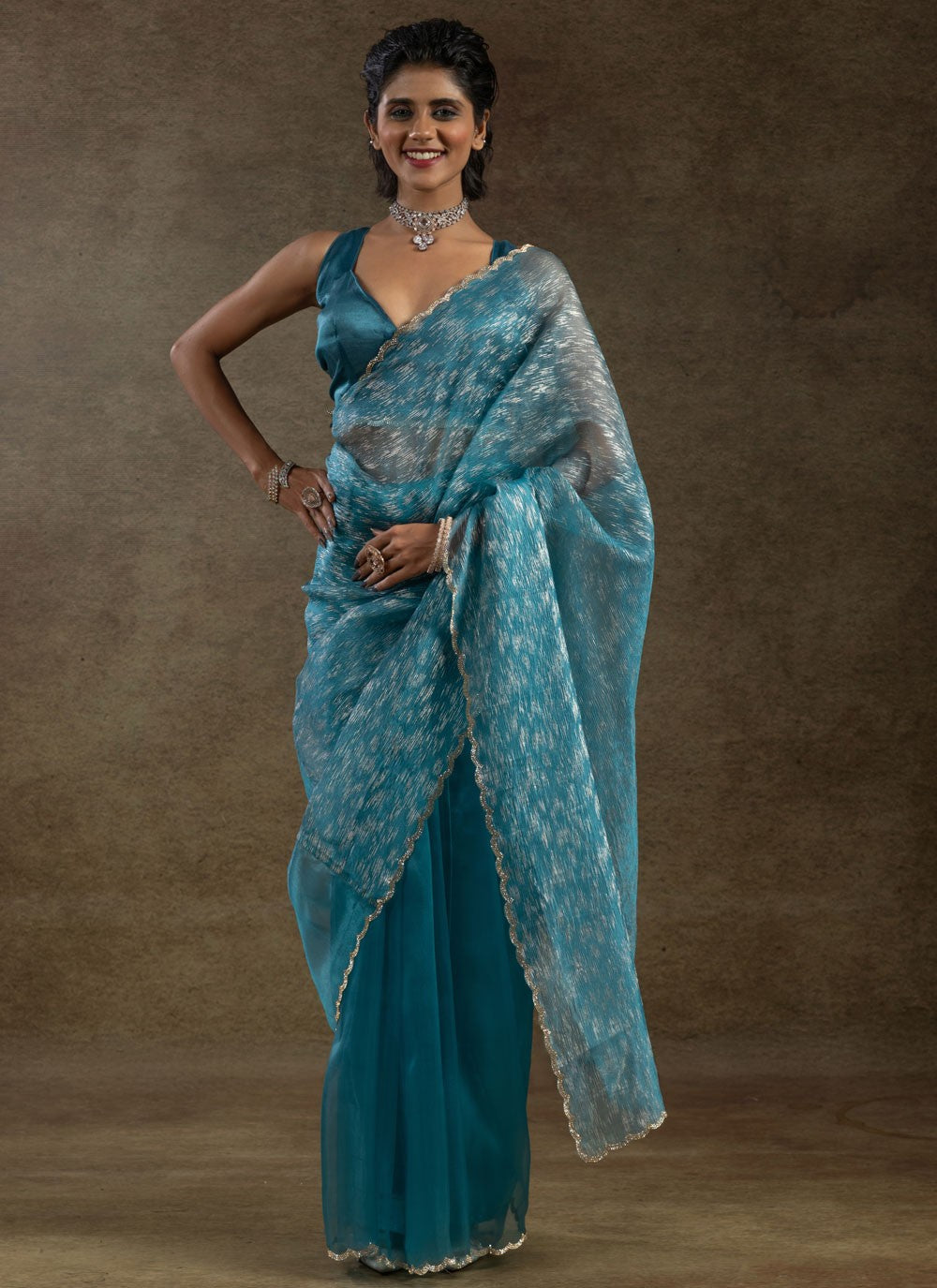 Cut Work Crush Blue Trendy Saree S15577