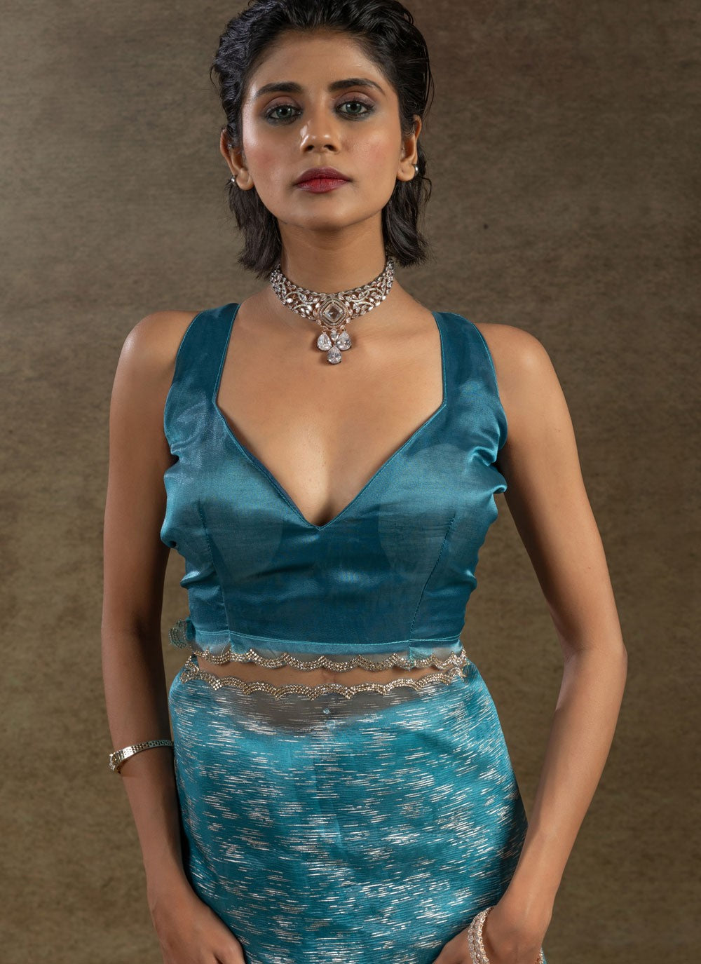 Cut Work Crush Blue Trendy Saree S15577