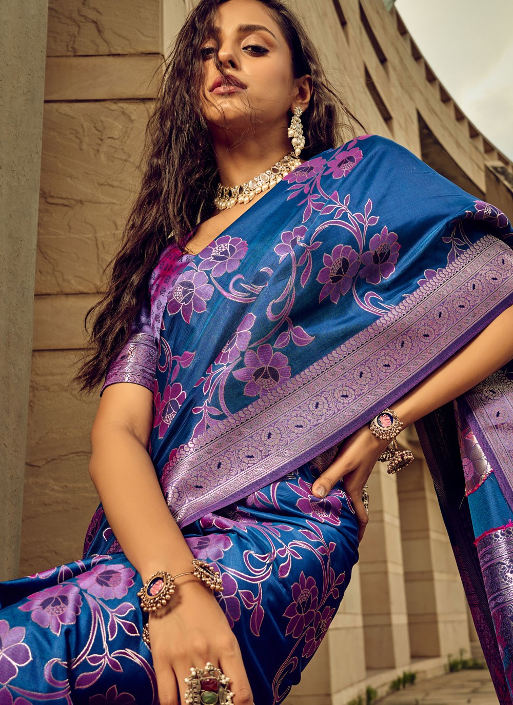 Trendy Digital Print Brasso, Satin Saree - S5589