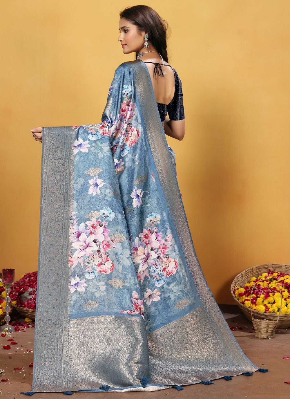 Digital Print Silk Blue Designer Saree S15522