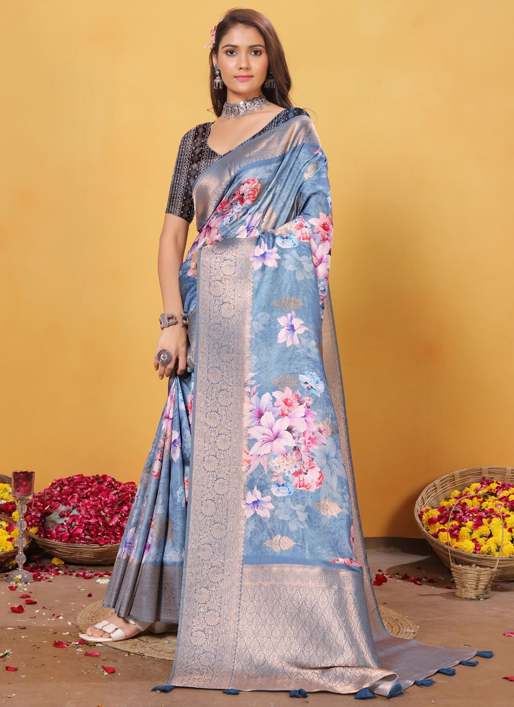 Digital Print Silk Blue Designer Saree S15522