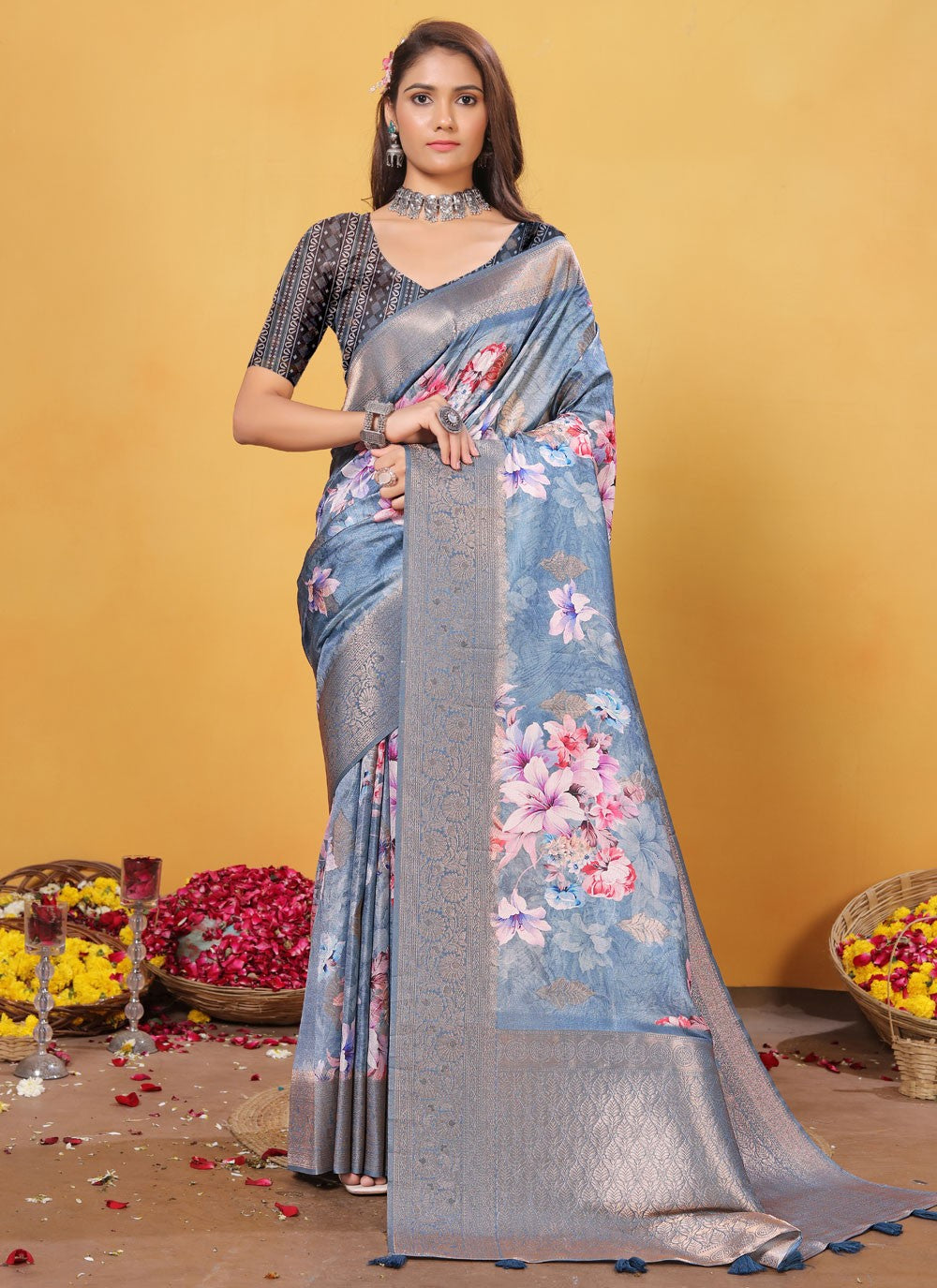 Digital Print Silk Blue Designer Saree S15522