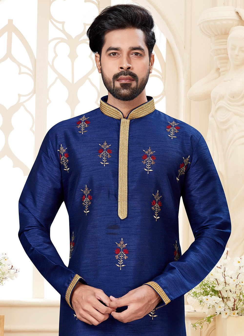 Embroidered Dupion Silk Blue Kurta - M5585