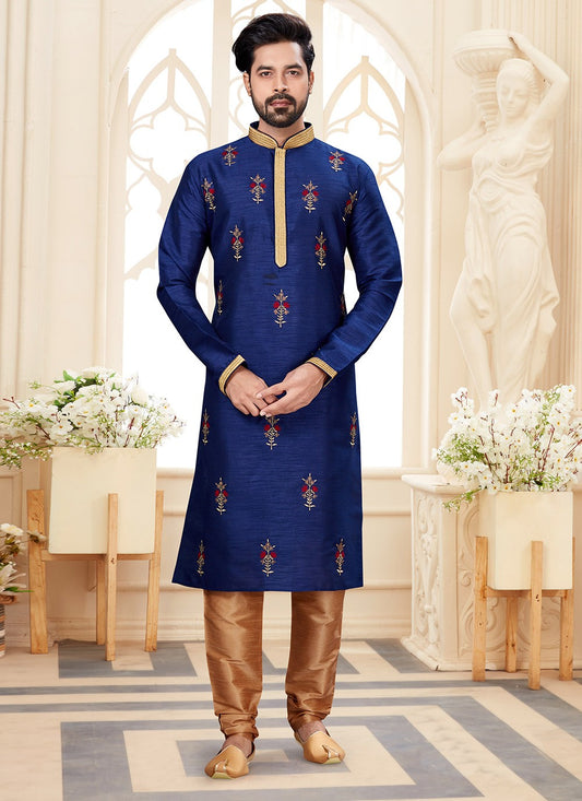 Embroidered Dupion Silk Blue Kurta - M5585