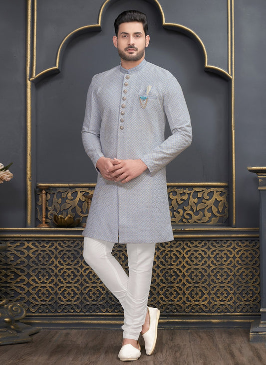 Embroidered Art Silk Blue Indo Western - M6453