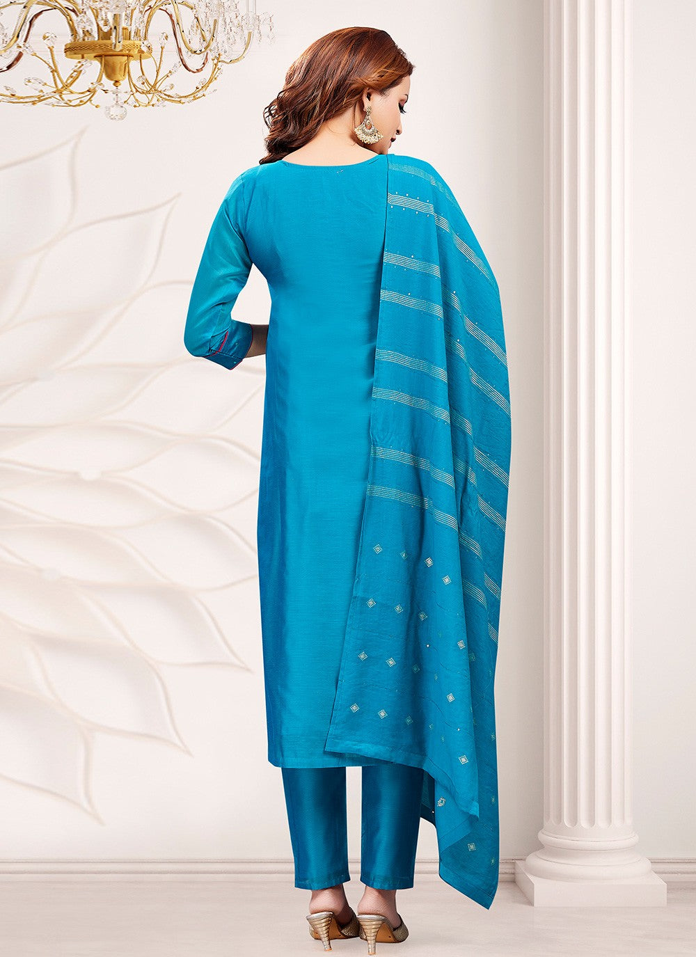 Pant Style Suit Embroidered Blue T8013