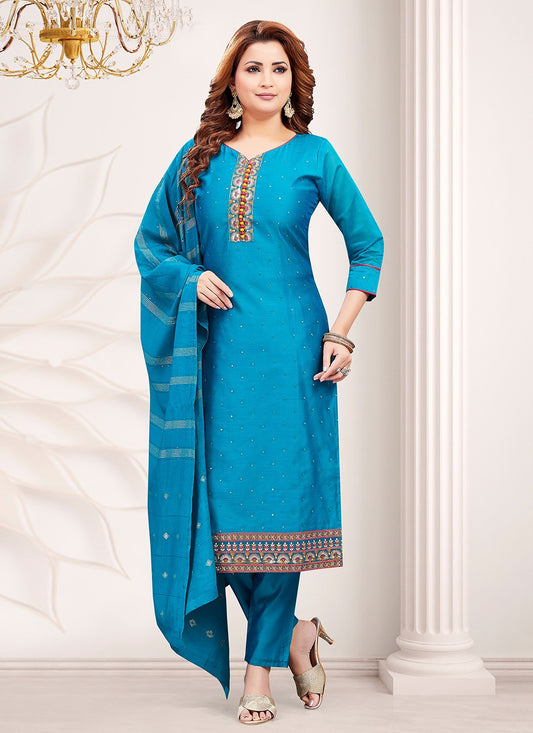 Pant Style Suit Embroidered Blue T8013