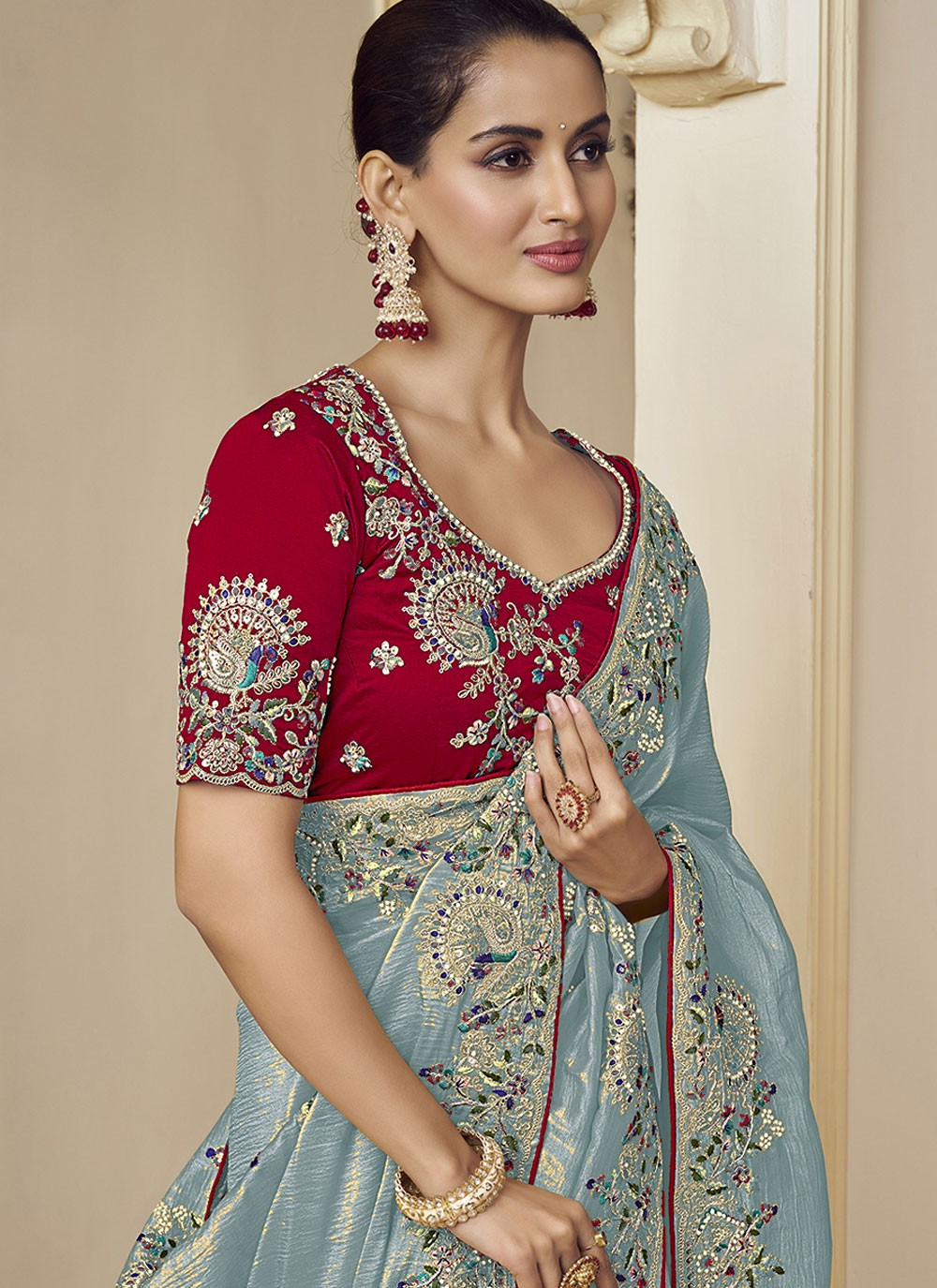 Contemporary Beads Blue Georgette S12382