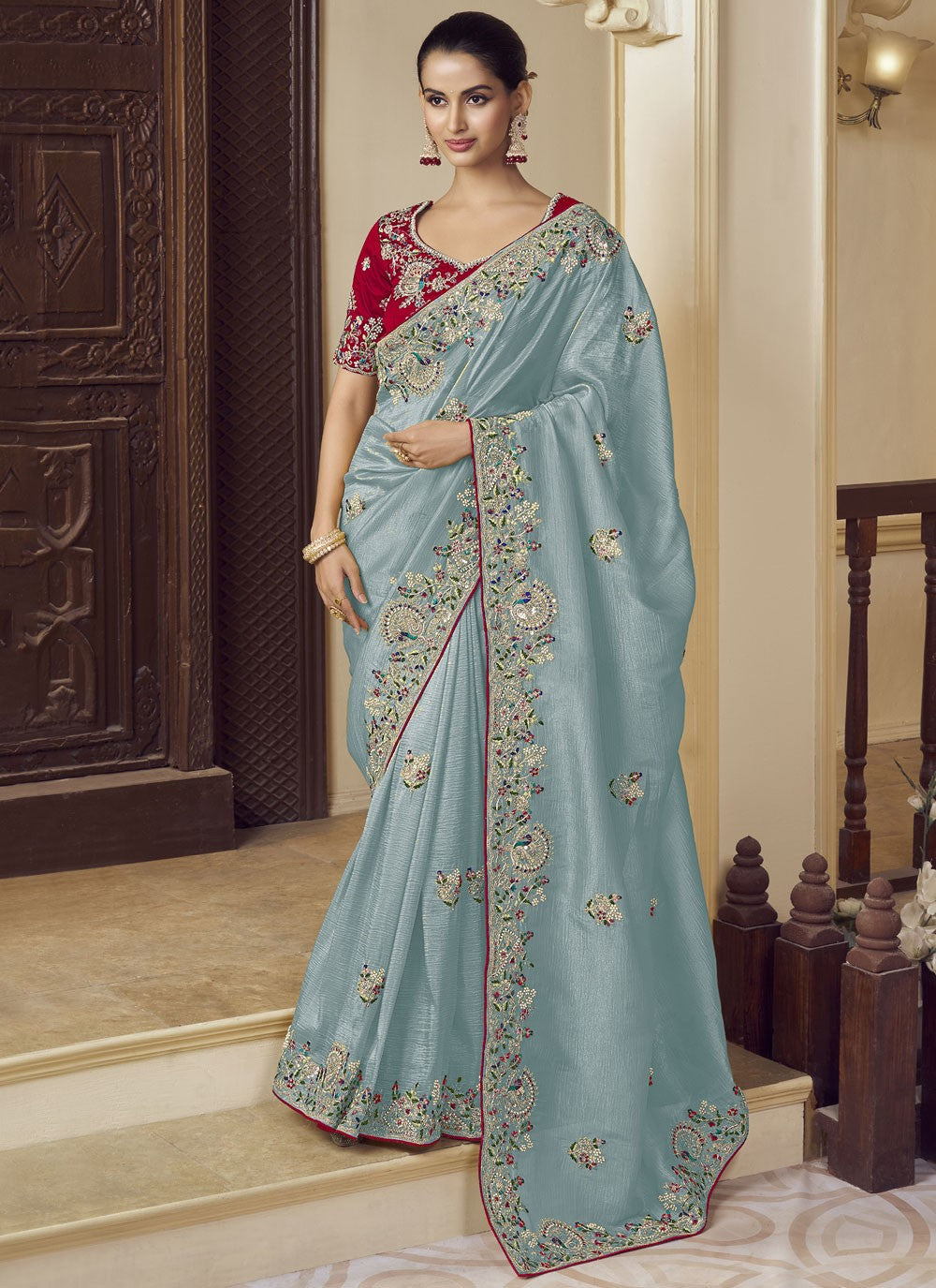 Contemporary Beads Blue Georgette Saree S12382