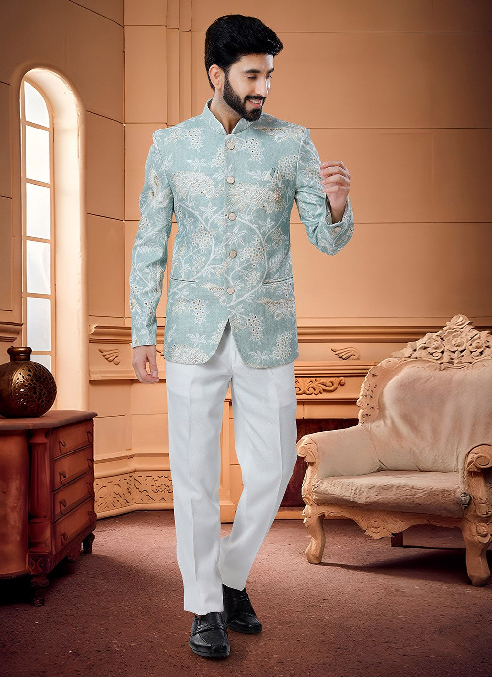 Embroidered Handloom Cotton Blue Jodhpuri Suit - M4333