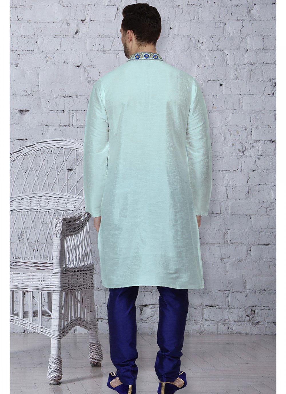 Embroidered Art Dupion Silk Blue Kurta Pyjama - M1492