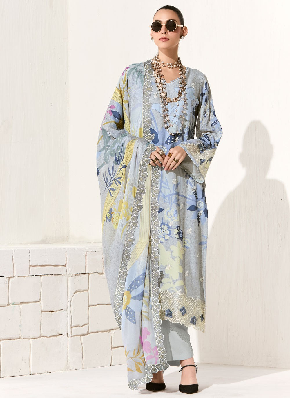Pant Style Suit Digital Print, Embroidered, Patch, Resham Blue T7906