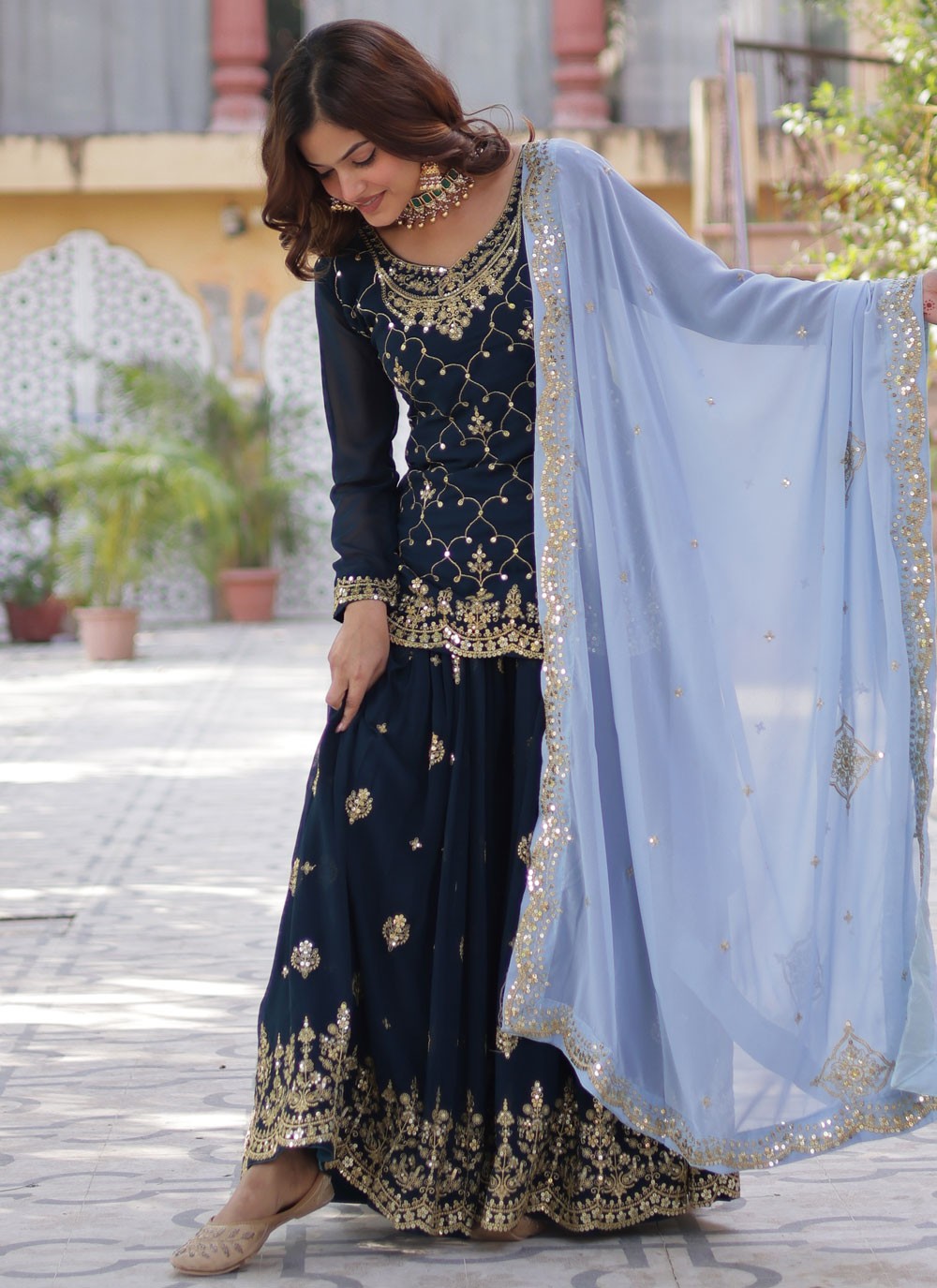 Salwar Suit Embroidered Blue Faux Georgette T5394