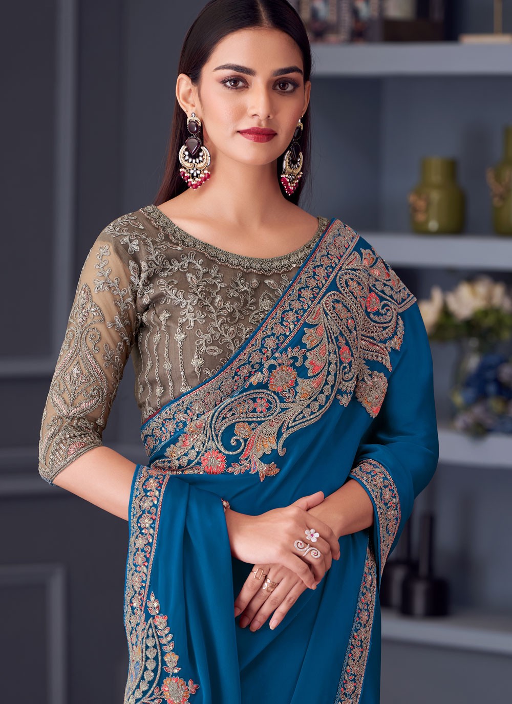 Embroidered Satin Silk Blue Saree S14587