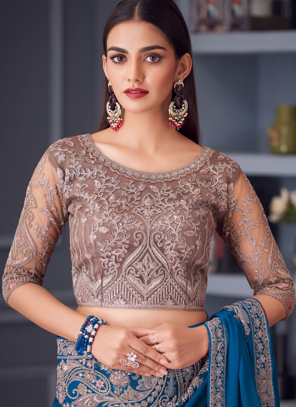 Embroidered Satin Silk Blue Saree S14587