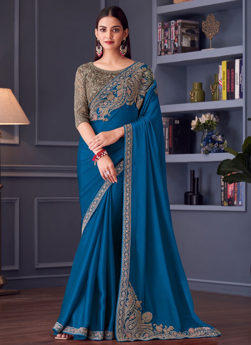 Embroidered Satin Silk Blue Saree S14587