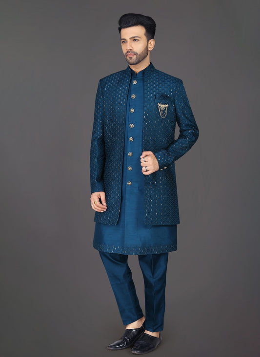 Embroidered Silk Blue Sherwani - M8015