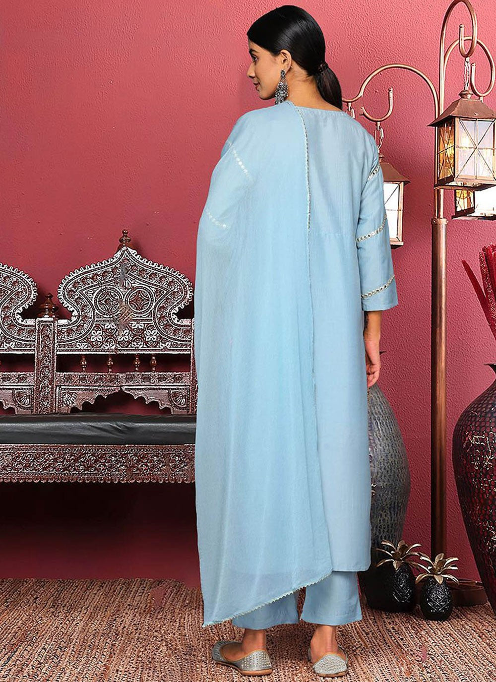 Salwar Suit Embroidered Blue Silk Blend T5651