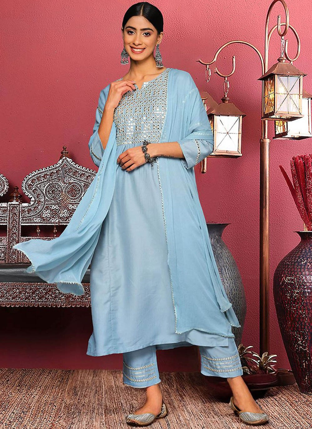 Salwar Suit Embroidered Blue Silk Blend T5651