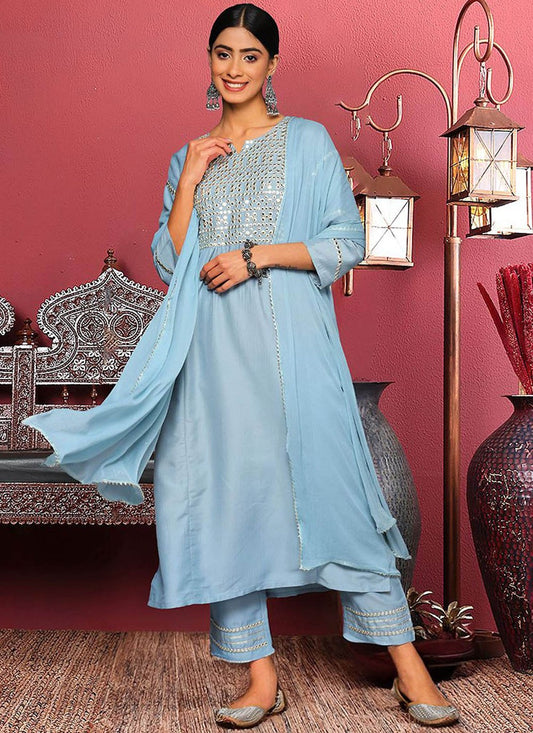 Salwar Suit Embroidered Blue Silk Blend T5651