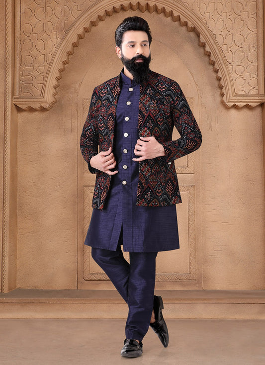 Embroidered Silk Blue Indo Western - M7668