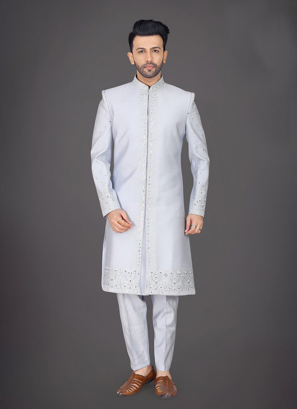 Embroidered Silk Blue Sherwani - M8019
