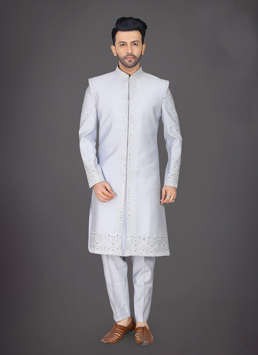 Embroidered Silk Blue Sherwani - M8019