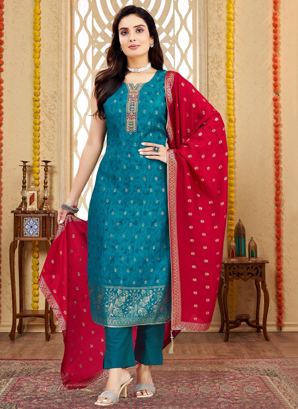 Pant Style Suit Embroidered Blue T7999