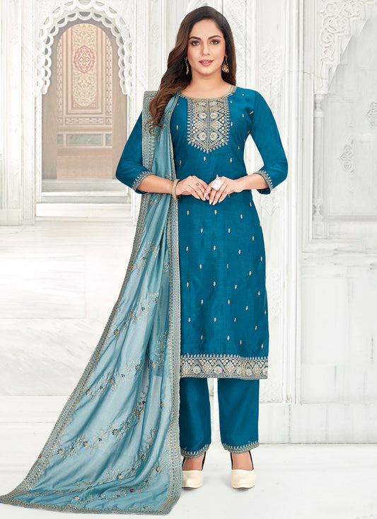 Salwar Suit Embroidered Blue Vichitra Silk T5760